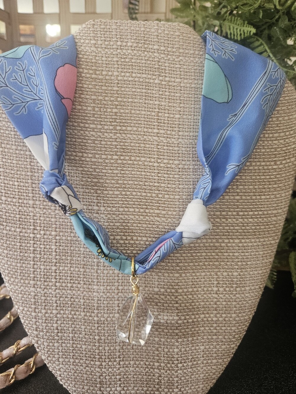 NWT Blue Floral Silk Scarf Necklace with Crystal Pendant